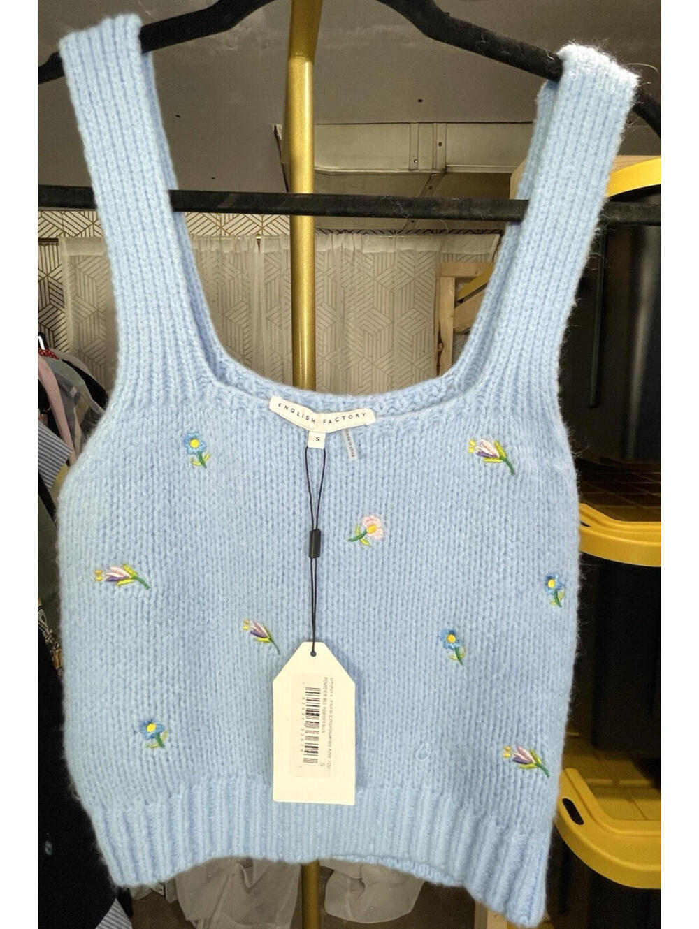 NWT English Factory Powdered Blue Floral Embroidered Sweater Tank Knit Womens S